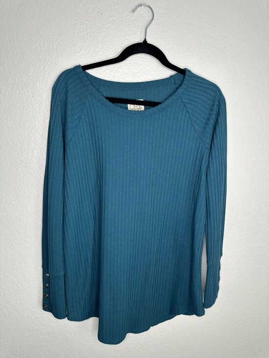 Olsen Tops - Chaser Womens Large Blue Ribbed Long Sleeve Shirt Button Cuff Stretch Casual Top